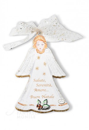 Decorazione Natalizia Angelo Con Augurio Legno Dipinto Argento 925 Regalo Natale Acca N 13 AO