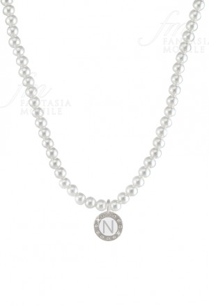 Collana Perle Dvccio Grace Donna Charm Silver Pendente Lettera N Smalto Bianco 1M3FOFM