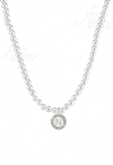 Collana Perle Dvccio Grace Donna Charm Silver Pendente Lettera N Smalto Bianco 1M3FOFM