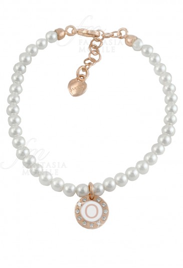 Bracciale Perle Dvccio Grace Donna Filo Singolo Rosa Charm Pendente Lettera O Bronzo FDLX7FM