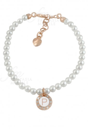 Bracciale Perle Dvccio Grace Donna Filo Singolo Rosa Centrale Lettera P Bronzo MDK0WFM