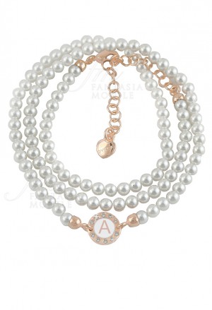 Bracciale Dvccio Perle Tre Fili Rose Lettera A Smalto Bianco SL7DDFM