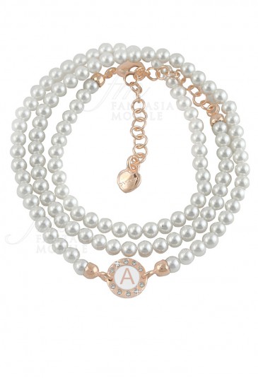 Bracciale Dvccio Perle Tre Fili Rose Lettera A Smalto Bianco SL7DDFM