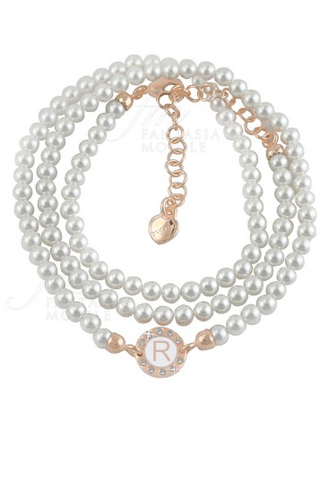 Bracciale Perle Dvccio Grace Donna Tre Fili Rosa Centrale Lettera R Bronzo XXGMUFM