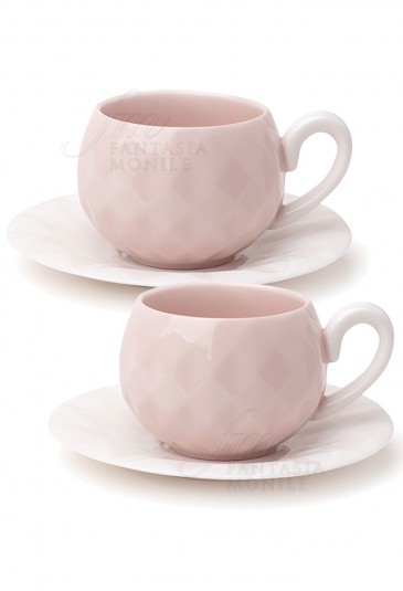 Set Due Tazzine Hervit Caffe Porcellana Rosa Decoro Diamantato Regalo Matrimonio 26399