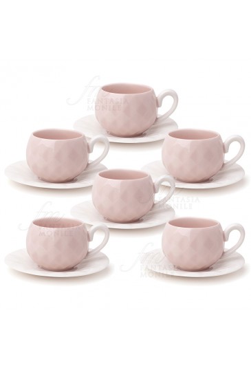 Set Sei Tazzine Hervit Caffe Porcellana Rosa Decoro Diamantato Regalo Matrimonio 26579