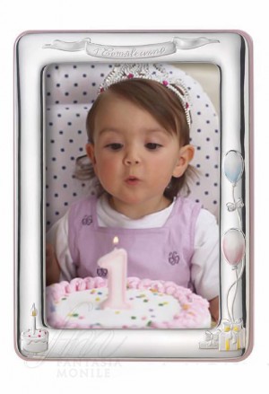 Cornice Portafoto Bimba Primo Compleanno Rosa Argento Dimensione 12X17 Acca 18LM.5