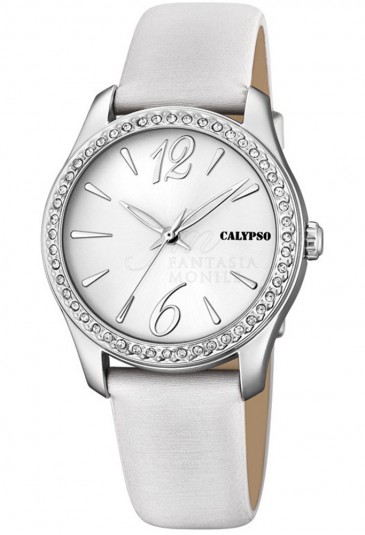 Orologio Calypso Donna Cinturino Bianco Finitura Silver Cristalli K5717/1
