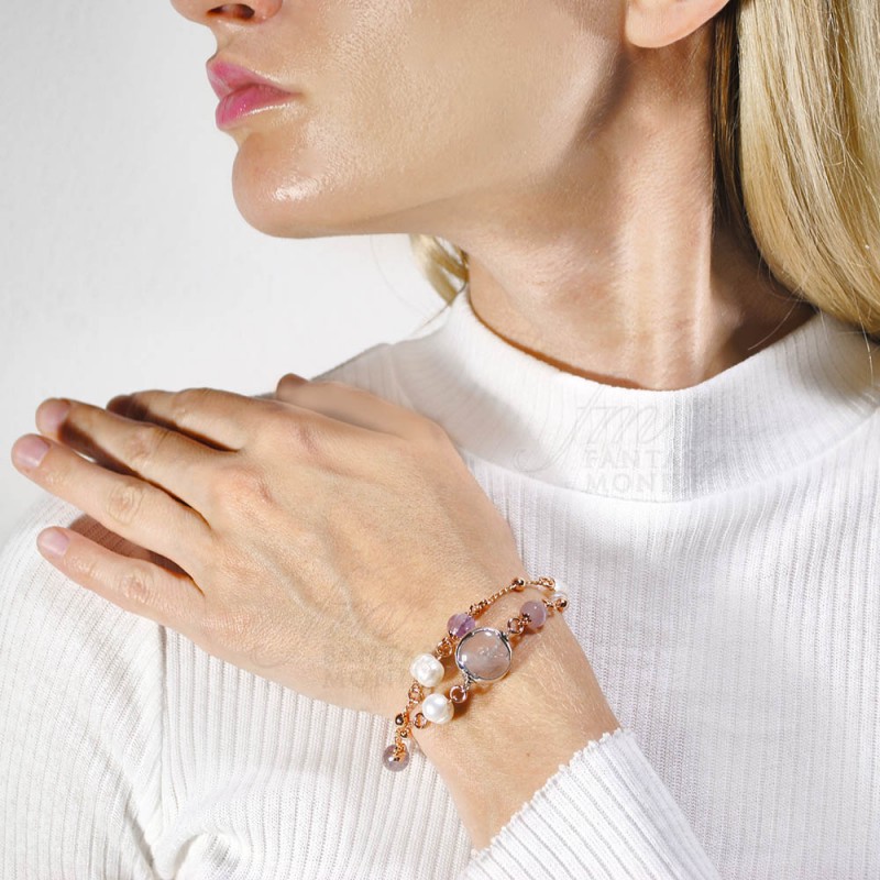 Rae Bracciale Elastico Perle Occhi Di Gatto Rosa Con Ciondolo Corona Oro Rosa E Cristalli