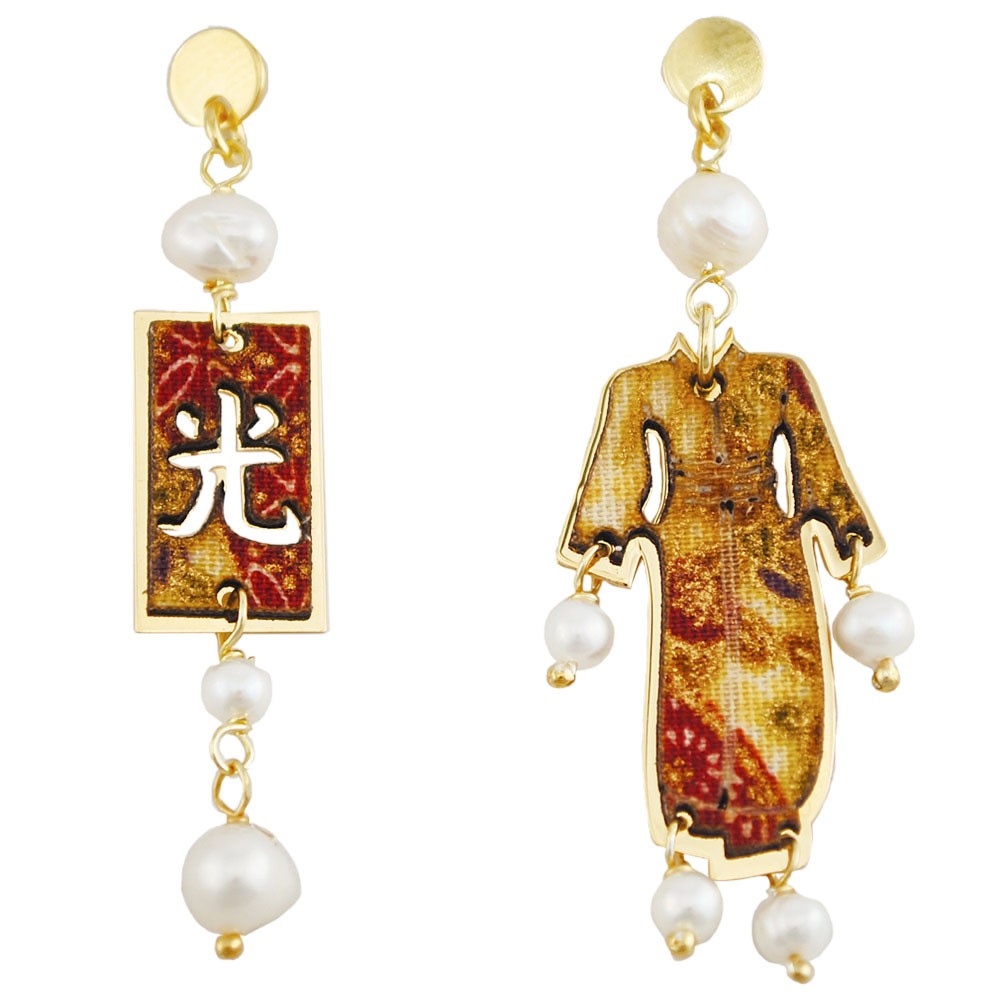 Lebole Gioielli Orecchini Donna Kimono Special In Tessuto Rosso Con Pietre Naturali, Oro 18kt, Made In Italy - 7.5 Cm