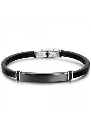 Bracciale Luca Barra Uomo Cuoio Piastra Acciaio Nero Silver BA1047