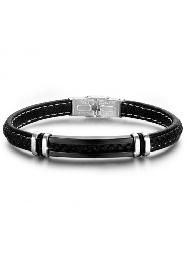 Bracciale Luca Barra Uomo Cuoio Intrecciato Piastra Acciaio Nero Elementi Silver BA1041