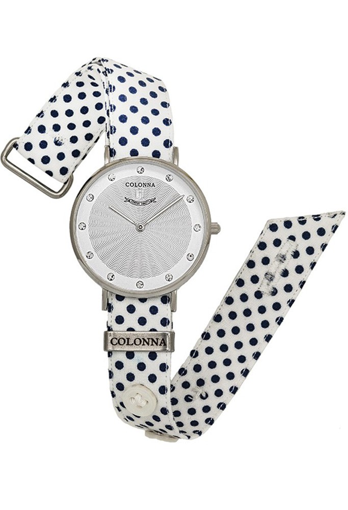 Orologio Colonna Polsino Sartoriale Bianco Pois Blu Cristalli Acciaio