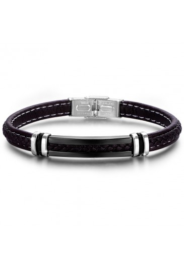 Bracciale Luca Barra Uomo Cuoio Intrecciato Piastra Acciaio Brown Elementi Silver BA1040