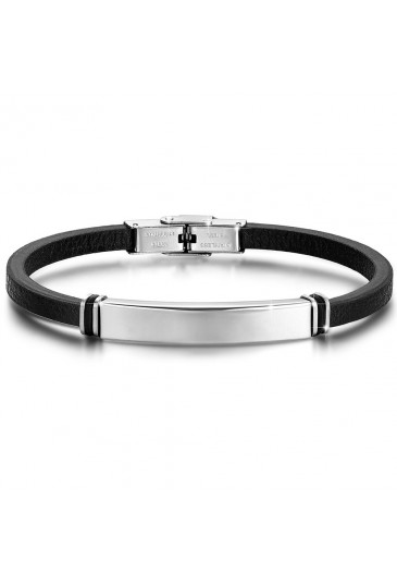 Bracciale Luca Barra Uomo Cuoio Piastra Acciaio Silver BA1046