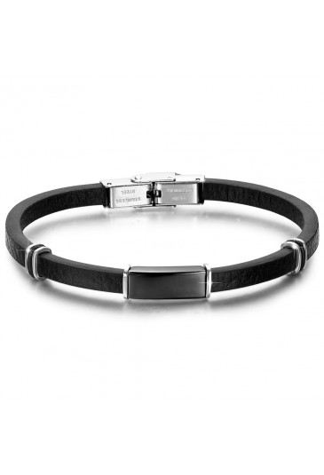 Bracciale Luca Barra Uomo Cuoio Elementi Di Acciaio Silver Nero BA1045