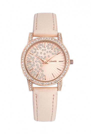 Orologio Lowell Donna Acciaio Quadrante Rosa Cipria Cristalli Cinturino Pelle PL5192-5822