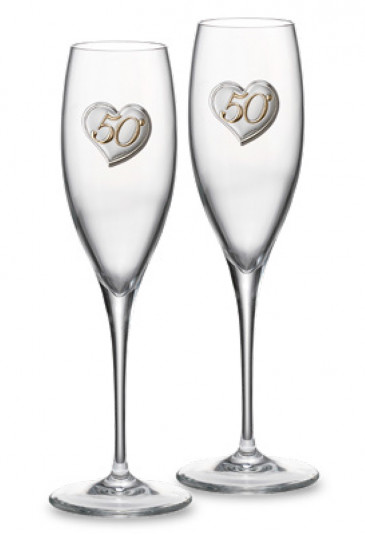 Coppia Bicchieri Flute Nozze Oro Placchetta Cuore Laminata Argento Logo 50 Anni Matrimonio B1960