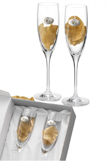 Coppia Bicchieri Flute Nozze Oro Cristallo Placchetta Laminata Argento Logo 50 Anni Matrimonio Regalo Acca SA 45C ORO