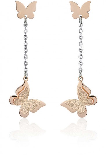 Orecchini Lunghi Con Pendente Farfalla Glitter Acciaio Rosa Luca Barra OK1026