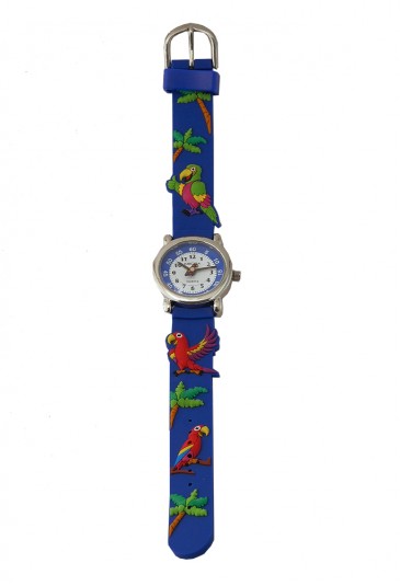 Orologio Bambino Da Polso Acciaio Cinturino Gomma Colore Blu Disegno Pappagalli Lowell JP0550-3