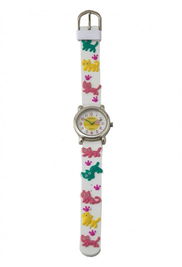 Orologio Bambino Da Polso Acciaio Cinturino Gomma Colore Bianco Disegno Gatto Lowell JP0550-11
