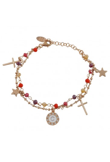 Bracciale Dvccio Due Fili Pietre Arancione Argento Rosa Lettera C Donna R9RZVFM