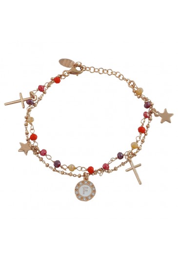 Bracciale Dvccio Donna Argento Rose Due Fili Lettera F Pietre Arancione IAGXTFM