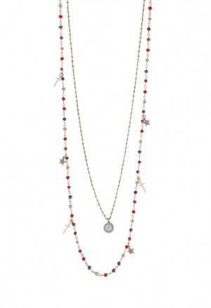Collana Lunga Dvccio Iris Due Fili Pietre Arancione Argento Rosa Lettera F Donna L8KBDFM