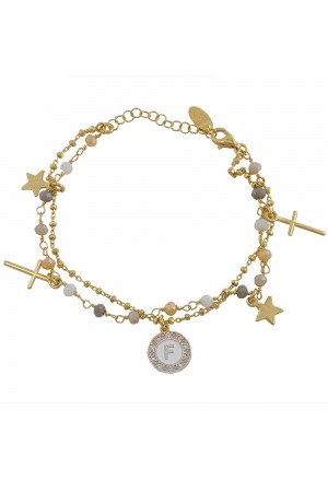 Bracciale Dvccio Donna Argento Gold Due Fili Lettera F Pietre Gialle UT4XZFM