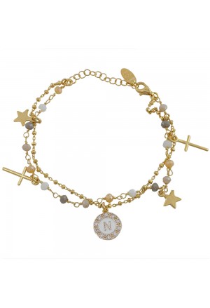 Bracciale Dvccio Donna Argento Gold Due Fili Lettera N Pietre Gialle M7O19FM