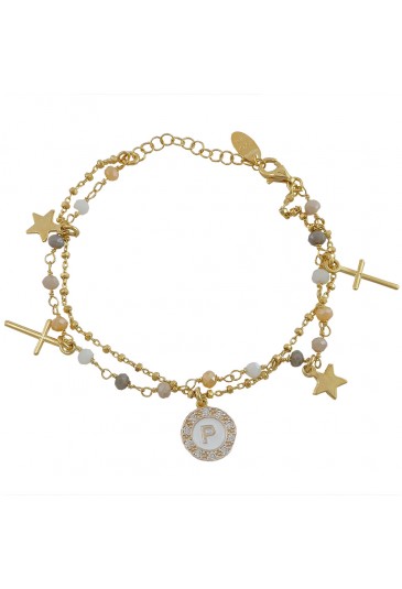 Bracciale Dvccio Donna Argento Gold Due Fili Lettera P Pietre Gialle SGOSPFM