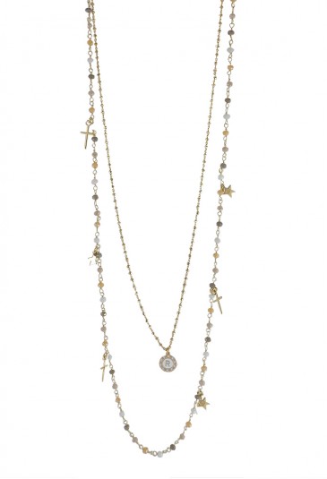 Collana Lunga Dvccio Iris Due Fili Pietre Giallo Argento Gold Lettera R Donna CIRAOFM