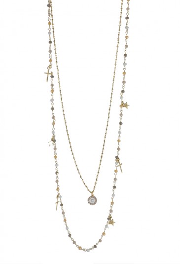 Collana Lunga Dvccio Iris Due Fili Pietre Giallo Argento Gold Lettera C Donna T1XA8FM