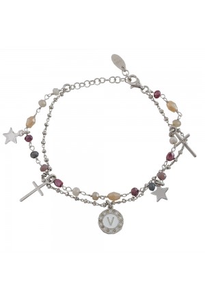 Bracciale Dvccio Iris Due Fili Pietre Rosa Argento Lettera V Donna TW5CRFM