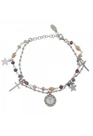 Bracciale Dvccio Iris Due Fili Pietre Rosa Argento Lettera T Donna G5TV9FM