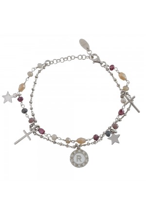 Bracciale Dvccio Iris Due Fili Pietre Rosa Argento Lettera R Donna QBKKVFM