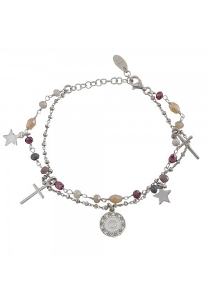 Bracciale Dvccio Donna Argento Due Fili Lettera O Pietre Rosa JF8U0FM