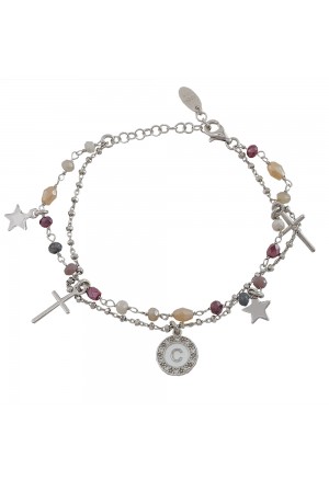 Bracciale Dvccio Iris Due Fili Pietre Rosa Argento Lettera C Donna M7WTLFM