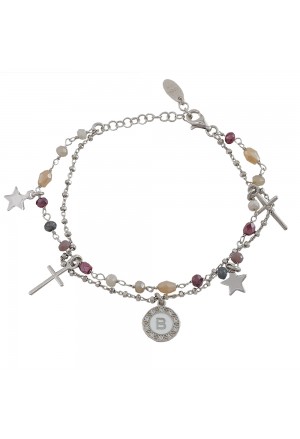 Bracciale Dvccio Donna Argento Due Fili Lettera B Pietre Rosa FIKEVFM