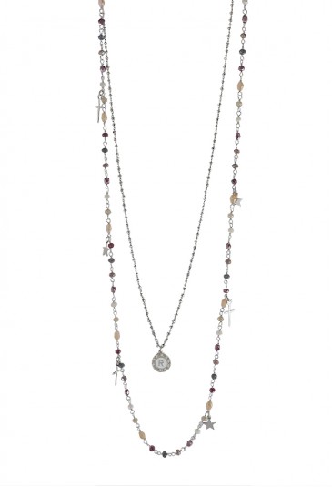 Collana Lunga Dvccio Iris Due Fili Pietre Rosa Argento Lettera R Donna 45CSFFM