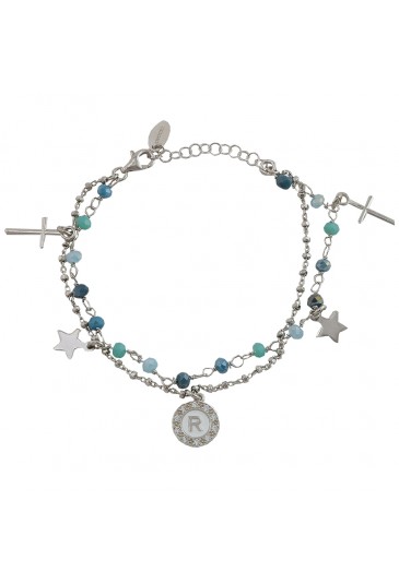 Bracciale Dvccio Iris Due Fili Pietre Blu Verde Argento Lettera R Donna JQUS0FM