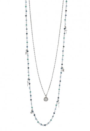 Collana Lunga Dvccio Iris Due Fili Pietre Blu Verde Argento Lettera F Donna Y8NELFM