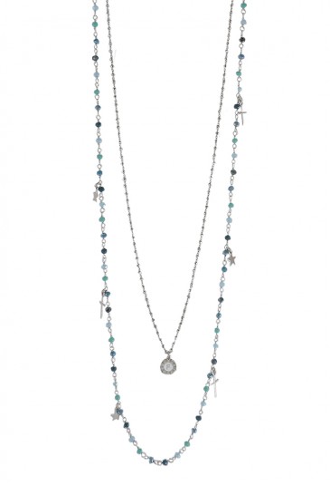 Collana Lunga Dvccio Iris Due Fili Pietre Blu Verde Argento Lettera F Donna Y8NELFM