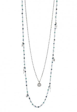 Collana Lunga Dvccio Iris Due Fili Pietre Blu Verde Argento Lettera L Donna EEDGXFM