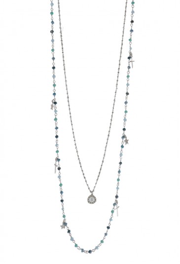 Collana Lunga Dvccio Iris Due Fili Pietre Blu Verde Argento Lettera S Donna 1EWEMFM