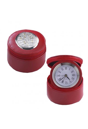 Orologio Sveglia Da Viaggio Similpelle Rosso Applicazione Argento Mondo Regalo Laurea 410MR.10