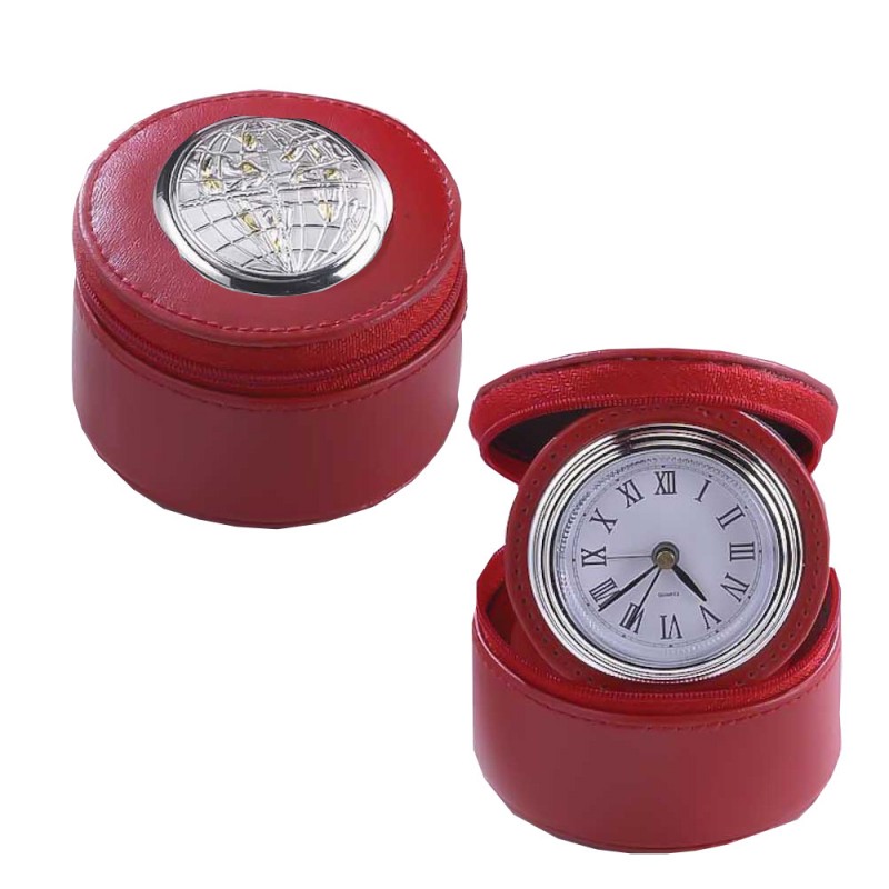 Orologio Sveglia Da Viaggio Similpelle Rosso Argento Laurea 410MR.10