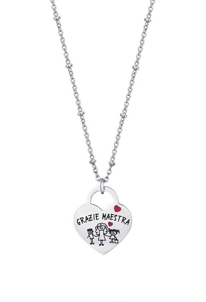 Flores Collana Grazie Maestra In Argento 925 Con Cuore Dorato Rosa - Ciondolo Inciso Regalo Fine Anno