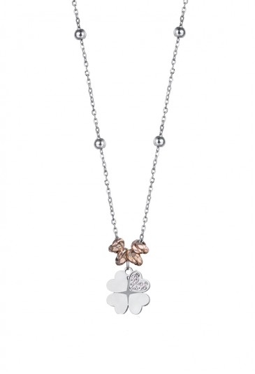 Collana Girocollo Luca Barra Donna Charm Quadrifoglio Glitter Acciaio Rosa Portafortuna CK1411